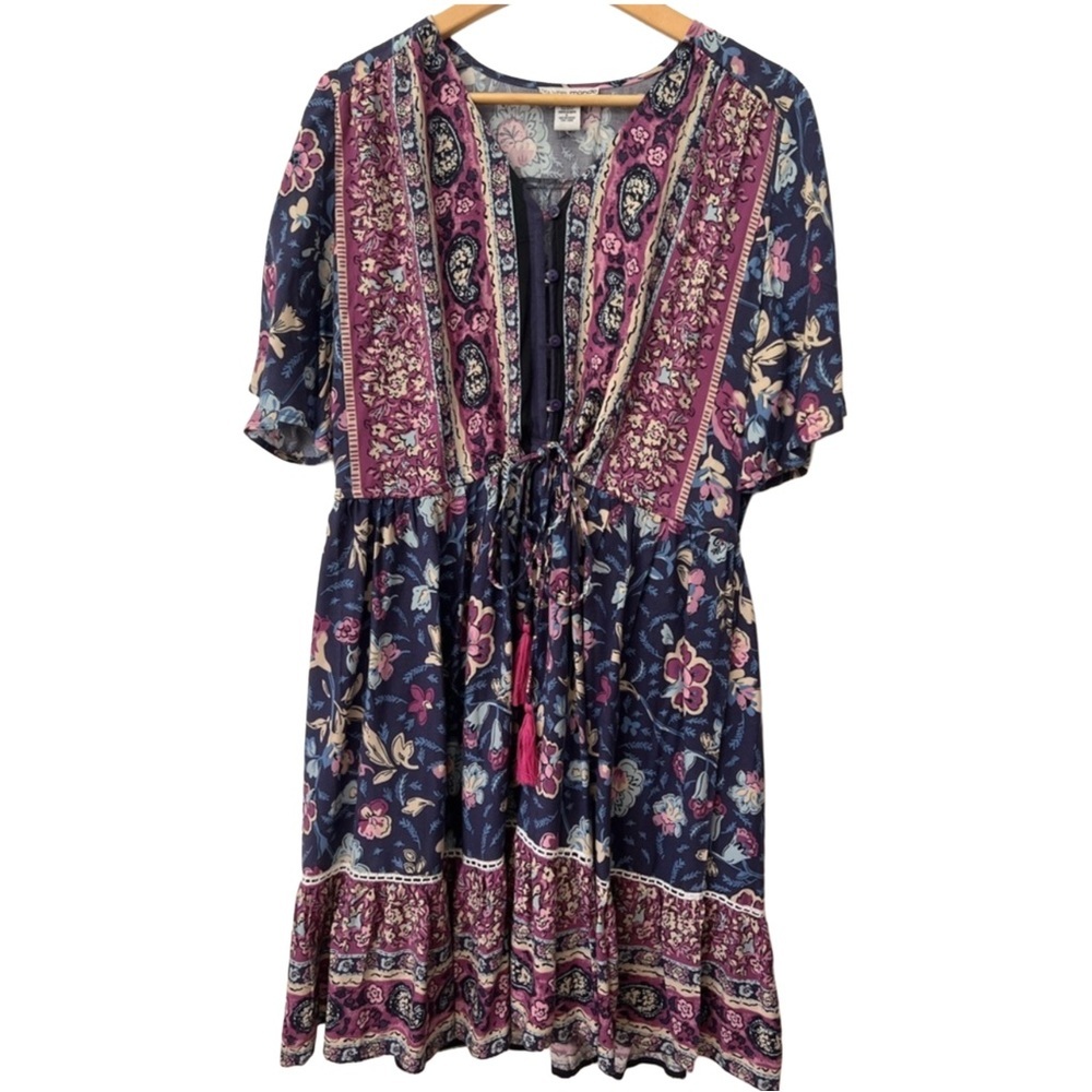 Boho Large Flowy Dress Oversized Babydoll Style V Neck Tassel Pink Blue Floral